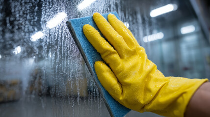 Hand in yellow glove scrubbing glass with blue sponge.