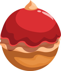 Delicious round cake covered with red glaze and cream on top, perfect for a sweet treat