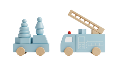 BABY TOYS - Wooden toy fire truck and tree trailer in pastel blue with natural wood wheels, minimalistic children's toys perfect for early learning and playtime