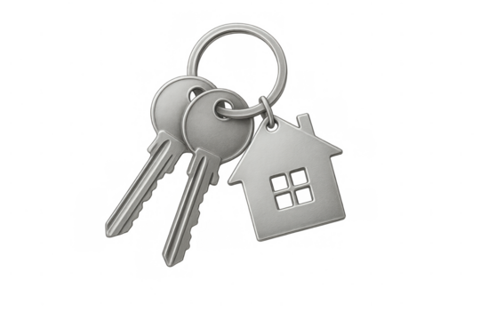 House keys with silver home shape keychain representing real estate, ownership, and property security on transparent background