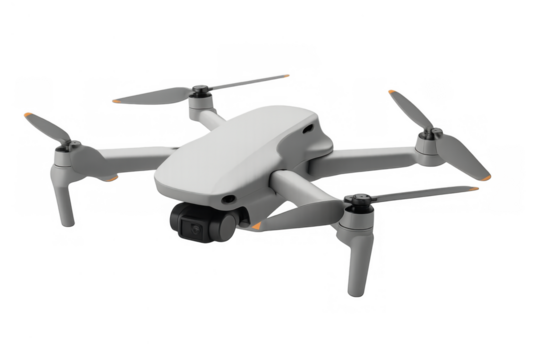 Drone with camera on transparent background, aerial quadcopter technology creating remote surveillance content