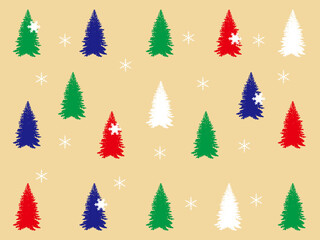 かわいい北欧風クリスマスツリーのグラフィック素材（ベージュ）ー ベージュ地に緑・赤・白・青のモミの木と雪の結晶を配した北欧調のシームレス柄。ポストカード、メッセージカード、マスキングシートブックタイプ、フレークシール、包装紙に最適。