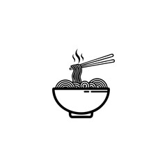 Simple black and white illustration of noodles in a bowl with chopsticks.