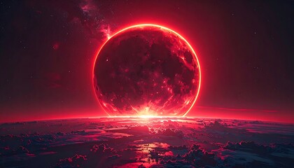 A colossal red planet eclipsing clouds in space, radiating light and intense energy