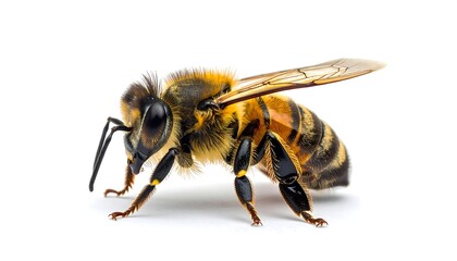 A detailed close-up of a bee with orange and black stripes on a clean white background, showcasing wings and legs