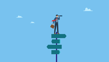 Smart businessman look through spyglass or binoculars to discover solution. Search for right direction, business opportunity or success way, make decision or career path, vision to see future.