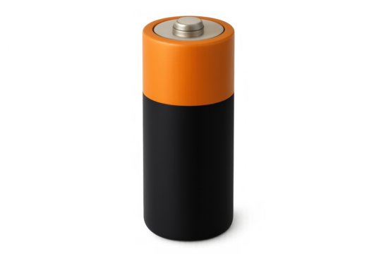 Black and orange cylindrical battery providing power and electricity, energy storage on transparent background