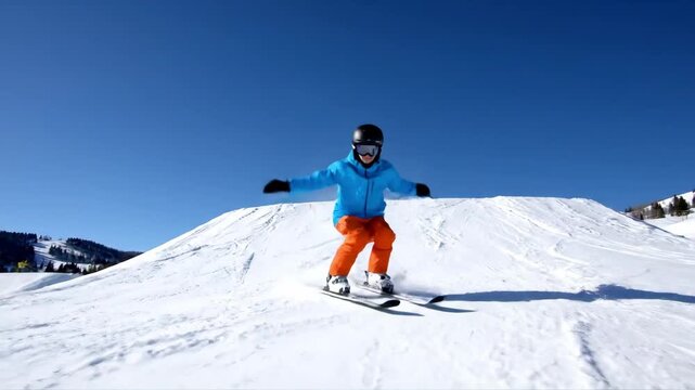 Man snowboarding down a snow hill, jumping off a ramp during winter outdoor sport activity footage.