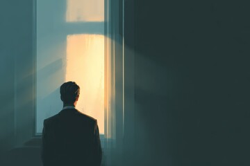 Obraz premium Boy Looking Out Window Illustration. Young Businessman in Suit Observing Success through Glass Window