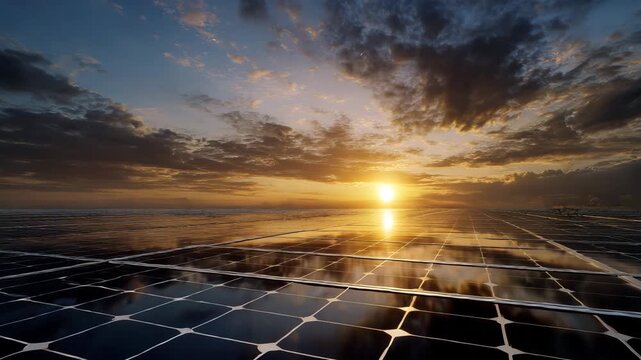 Sunset reflected in rows of solar panels. Concept of renewable energy, ecology, and sustainable development.