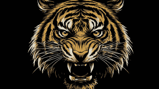 Powerful roaring tiger head illustration with golden stripes and aggressive expression, fangs bared on a dark background, symbol of strength.