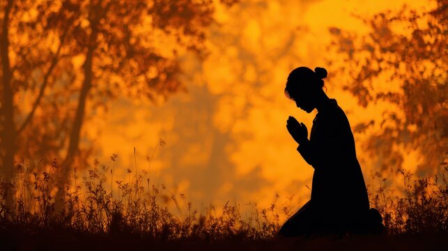 Bow Down Prayer. Woman Kneeling in Faithful Prayer at Sunset Background