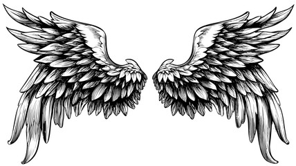 Obraz premium Detailed black and white stylized wings illustration, perfect graphic design element symbolizing freedom, flight, and angelic concepts
