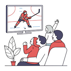 Cartoon Family Hockey Fans Watching Game Line Art Flat Color Red White Blue Sports Entertainment