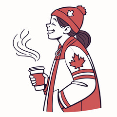 Cartoon Woman Hockey Fan Holding Cup Cocoa Line Art Red White Winter Comfort Illustration