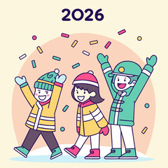 Group Happy Hockey Fans Throwing Confetti Celebrating 2026 Flat Line Art Yellow Green Pink with Copy Space