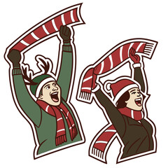 Hockey Fans Wearing Reindeer and Antler Head Flat Illustration Red Green Cheering Sports Supporters