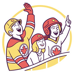 Group Funny Hockey Supporters Waving Hands Line Art Vector Red Yellow White Cheering Fans Illustration