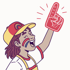 Cartoon fan with painted face holding foam finger, Line Art, Red Yellow, Sports Celebration Vector