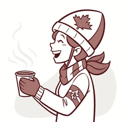 Cartoon Woman Hockey Fan Holding Hot Cocoa Cup, Line Art Sepia Brown for Winter Theme