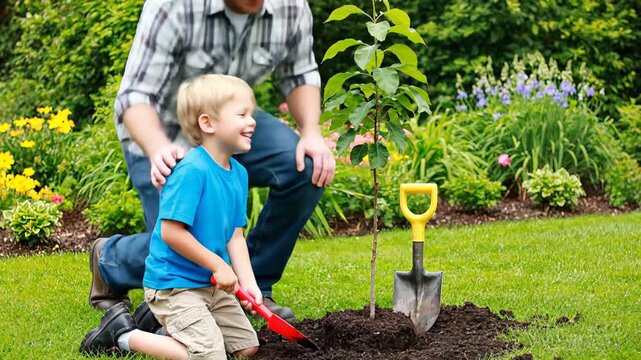 Caring father teaching his young son how to plant a small tree in their backyard. Family gardening activity on a beautiful summer day