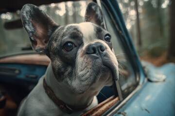 Bulldog Car: French Bulldog Dog Enjoying a Ride in the Forest