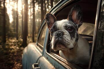 Bulldog Car - French Bulldog Taking a Funny Ride through the Forest