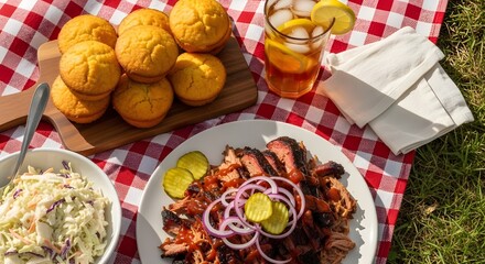 Delicious smoked pulled pork barbecue with cornbread and coleslaw on a red checkered picnic blanket