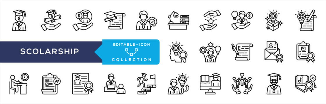 Scholarship Line Icon Collection. Scholarship, Financial Aid, Tuition Assistance, Partial Scholarship, Dedication