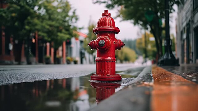 A vibrant red, cylindrical fire hydrant stands tall on a wet, reflecting street in an urban scene
