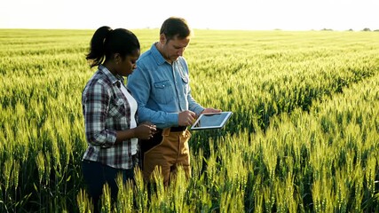 Man and a woman, both farmers, standing in a lush green wheat field and examining crop data on a digital tablet in the warm sunlight - Powered by Adobe