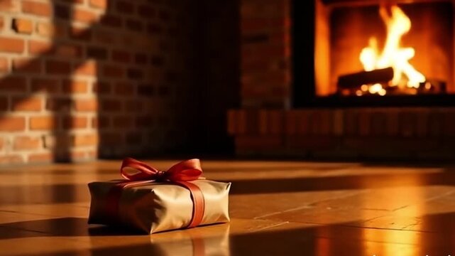 Festive Gold and Red Gift Box on Wooden Floor by Burning Fireplace