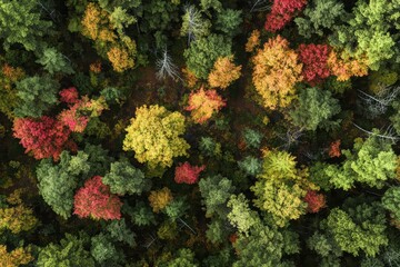 Breathtaking aerial view showcasing the vibrant autumn colors of a dense forest from above with a beautiful fall landscape.