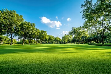 Fototapeta premium Serene Park Landscape with Lush Green Grass, Verdant Trees, and a Bright Blue Sky Above