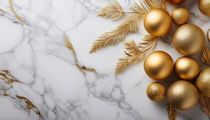 Top view of golden ball decorations and golden glitters on white marble background with copyGenerated image