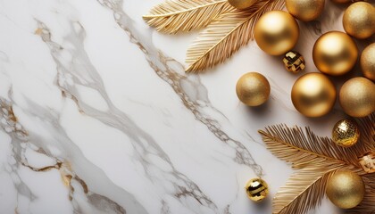 Top view of golden ball decorations and golden glitters on white marble background with copyGenerated image