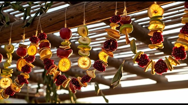 Decorative dried fruit garlands hanging indoors, warm natural light for Sukkot celebration