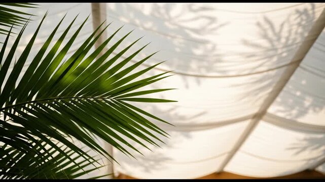 Natural palm leaves with light fabric ceiling, representing Sukkot holiday celebration, peaceful and bright mood