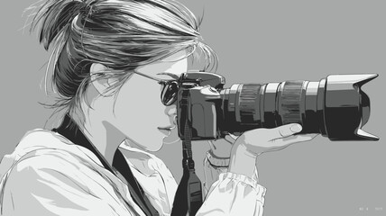 Focused female photographer capturing moments with a professional DSLR camera and telephoto lens. Detailed black and white digital illustration.