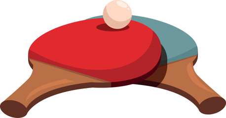 Two table tennis rackets holding a ping pong ball on white background