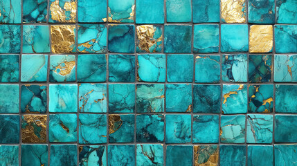 Turquoise mosaic tiles with gold accents, reflective surface