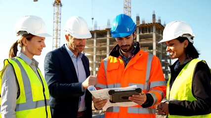 Team of experts from various backgrounds collaborating with a tablet and architectural plans to review the construction project. Skilled engineers are overseeing the building's advancement