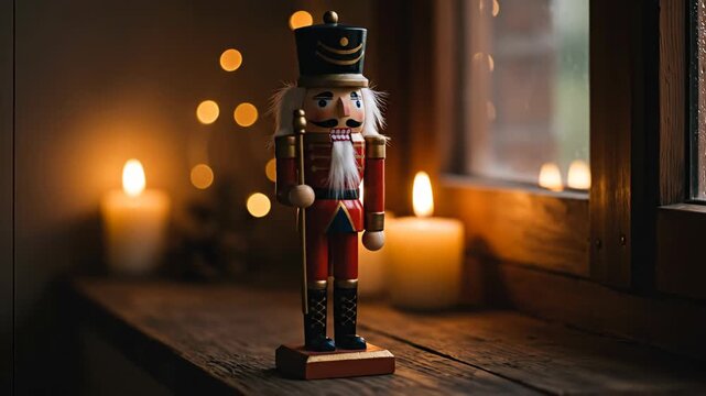 Traditional wooden nutcracker soldier on windowsill with warm candlelight glow, cozy indoor holiday decoration scene