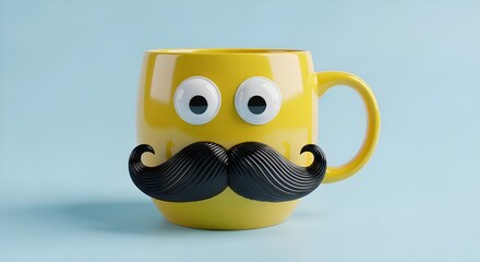 Funny yellow coffee mug character with black mustache and googly eyes on blue background