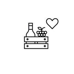 Wine bottle, grapes, wooden crate and heart. Quality drinks, approved alcohol. Customer favorites. Pixel perfect, editable stroke vector icon