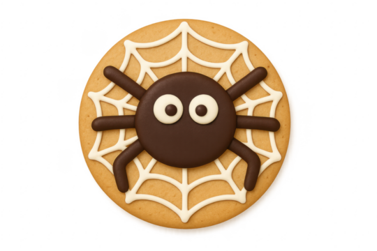 Halloween spider cookie with spiderweb icing on transparent background