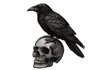 Black raven sitting on human skull illustration