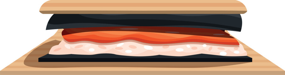 Obraz premium Traditional japanese pressed sushi with salmon and rice being prepared with a wooden mold called oshibako