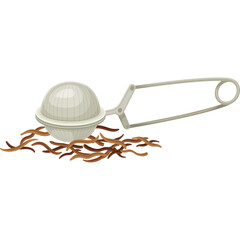 Silver Tea Infuser with Loose Leaf Tea on a White Background Detailed Illustration