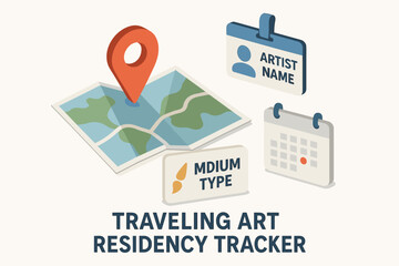 Traveling art residency map with artist name and calendar